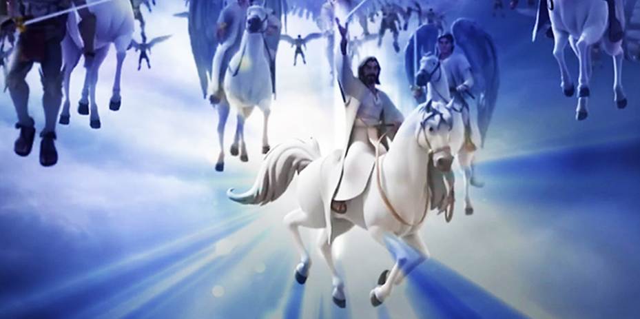Una pintura realista que representa la Segunda Venida de Jesucristo montado sobre un caballo blanco, acompañado por un ejército celestial de seres glorificados.