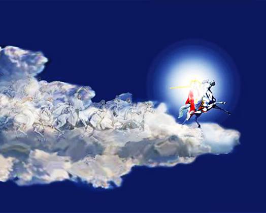 Una creación artística de una gran nube blanca sobre un trasfondo celestial de azul oscuro y en la extrema derecha de la nube un caballo con su jinete Jesucristo.