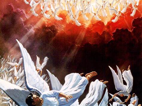 Un cuadro artístico de muchos ángeles en la parte superior que echan fuera del cielo de Dios a una muchedumbre de ángeles que caen precipitadamente hacia la tierra, todo contra un trasfondo de negros y rojos intensos.
