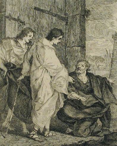 Una obra artística de lápiz que representa a Lot cuando recibe en Sodoma a dos ángeles incorporados con varones humanos.