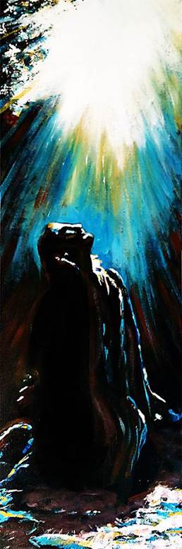 Una pintura de formato vertical que representa a Jesucristo en el huerto de Getsemaní en el acto de mirar a un resplandor blanco arriba de él que simboliza al ángel que viene para fortalecerle en medio de su agonía.