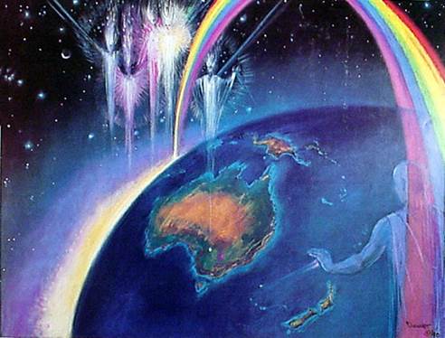Una realización artística en la que se ven figuras humanas transformándose de físicas a espirituales y subiendo por encima del planeta Tierra rodeada por un arco iris muy grande.