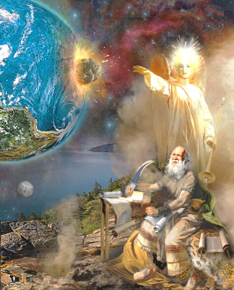 Una pintura artística que representa al apóstol Juan sentado en la isla de Patmos en el acto de escribir las visiones de Apocalipsis representadas arriba de él por un ángel que se las comunica señalando hacia una gran piedra que impacta al planeta Tierra.