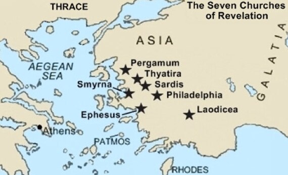 Una gráfica de un mapa donde se ubican las siete iglesias de la provincia romana de Asia que recibieron las siete cartas de Apocalipsis.