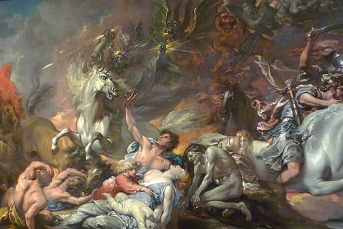 Una pintura de colores subidos de una representación artística de la escenificación del Apocalypse, con seres peleando, algunos muertos, y caballos de guerra.