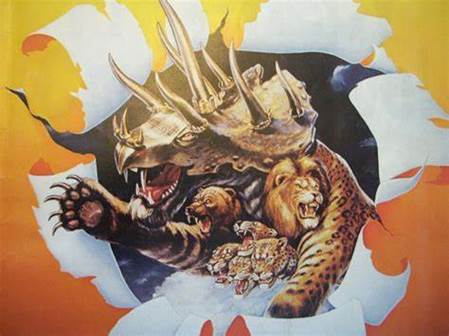 Pintura de la primera bestia de Apocalipsis con sus siete cabezas y diez cuernos.