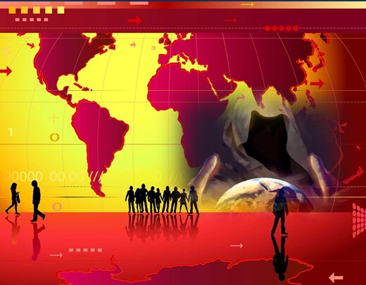 Imagen de una mapa plana de la Tierra con los continentos en rojo vivo y los mares en amarillo, con siluetas de figuras humanas frente al mapa paradas sobre un mar rojo de vidrio, mientras a la drecha emerge tras un globo azul y blanco de la Tierra una figura siniestra que representa a Satanás suelto de nuevo después del Milenio.