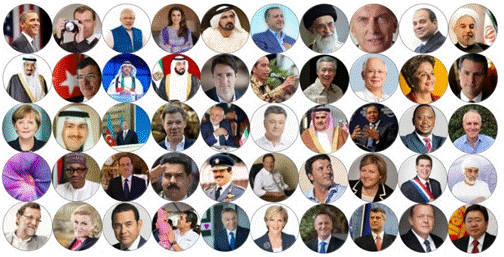 Un collage de fotografías de cuarenta mandatarios de distintos países del mundo.