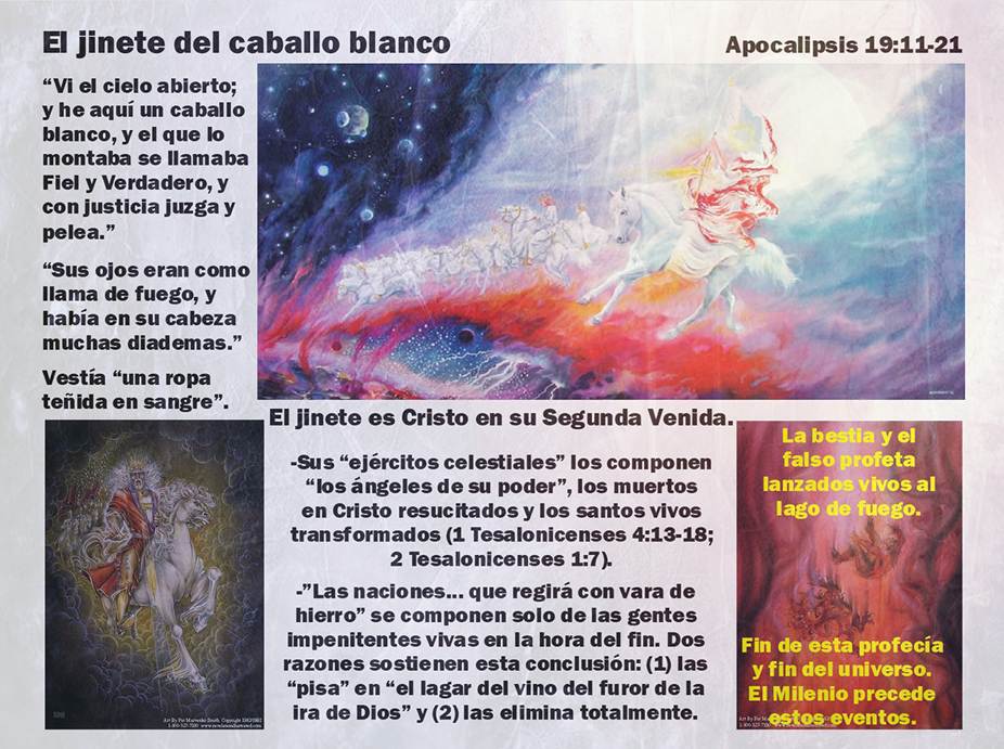 Una pintura artística que proyecta simbólicamente el conflicto espiritual-ideológico de Armagedón como un ejército de jinetes sobre caballos blancos por un lado, y por el otro, fuerzas de maldad representadas como un ejército de fantasmas abstractas grisáceas-negras.