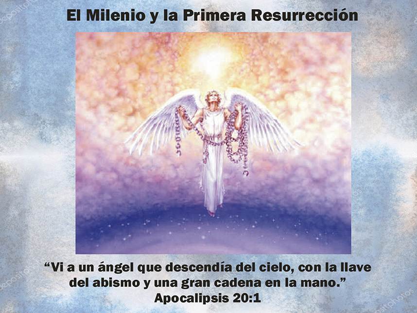 Una pintura artística de un ángel de pie en esferas celestiales con dos alas grandes extendidas y una cadena larga de eslabones gruesos en sus manos.