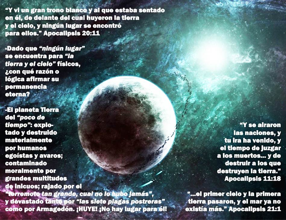 Una pintura artística que representa en primera plana al planeta Tierra, ya quemada toda su superficie y cubierta de cenizas, huyendo velozmente de un Gran Trono Blanco en la lejanía, todo contra un trasfondo espacial de verdes oscuros de distintas tonalidades.