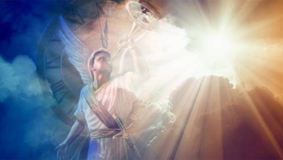 Un cuadro artístico hermoso de un ángel que mira hacia arriba contra un trasfondo de nubes azules a la izquierda, mientras una luz blanca fuertísima emerge a la derecha contra un trasfondo de rojos dorados, ilustración para la Segunda Venida de Jesucristo.