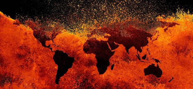 Mapa de los continentes de la tierra contra un trasfondo de fuego y tinieblas, gráfica que ilustra el tema de Deshechos los elementos materiales.