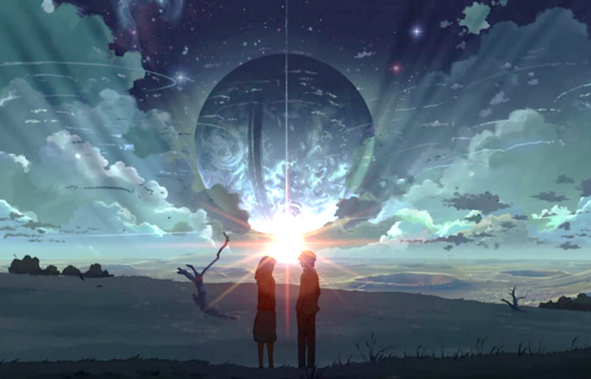 Una pareja en la tierra contempla una gran esfera en el espacio que representa la tierra nueva con cielos nuevos