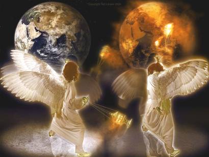 Apocalipsis. Ilustración para el Capítulo Dos. Dos ángeles arrojan incensarios llenos de fuego sobre la tierra. Y el ángel tomó el incensario, y lo llenó del fuego del altar, y lo arrojó a la tierra; y hubo truenos, y voces, y relámpagos, y un terremoto [Apocalipsis 8:5].