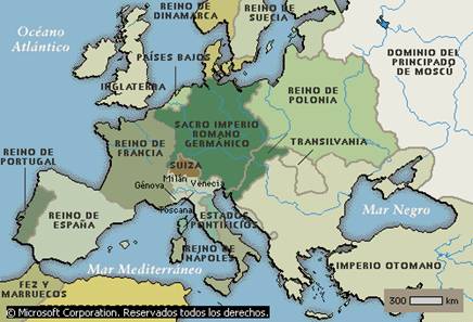 Mapa de Europa y el Medio Oriente para princiipios del Renacimiento donde se identifican a los países representados por los diez cuernos de la visiones de Daniel y Apocalipsis.