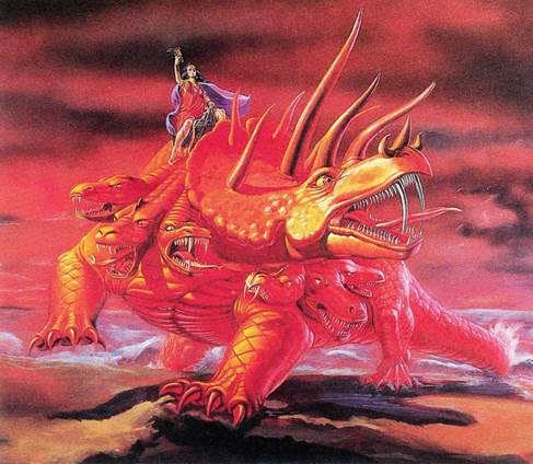 Pintura del Gran Dragón Escarlata de Apocalipsis 12 con siete cabezas y diez cuernos, montándola una mujer vestida de escarlata con un cáliz de oro levantado en la mano izquierda.