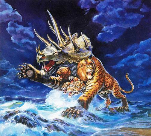 Una pintura de la Primera Bestia de Apocalipsis, la que tiene siete cabezas, diez cuernos y cuerpo de leopardo, en el acto de subir del mar bajo cielos de azul muy oscuro con unas nubecillas también teñidas de azul.