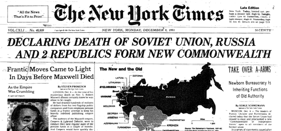 Muerte de la Unión Soviética. Titular de New York Times diciembre 1991