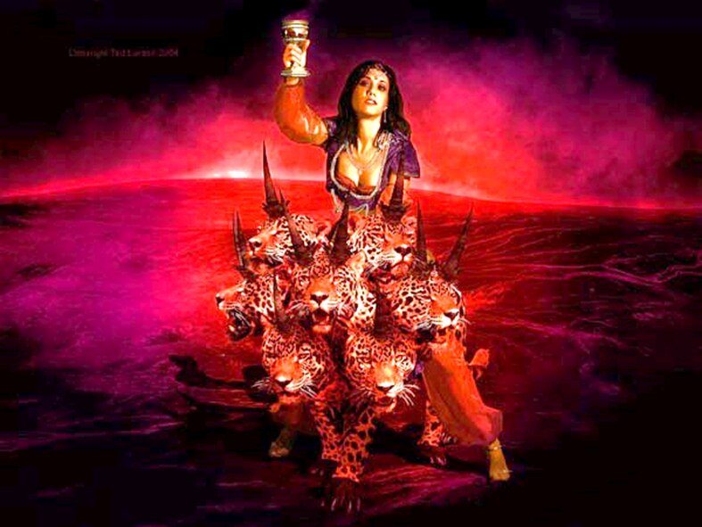 Montada “la gran ramera” sobre su “bestia escarlata”, la cual tiene siete cabezas y diez cuernos, está “ebria de la sangre de los santos, y de la sangre de los mártires de Jesús”. Pintura por Ted Larson.