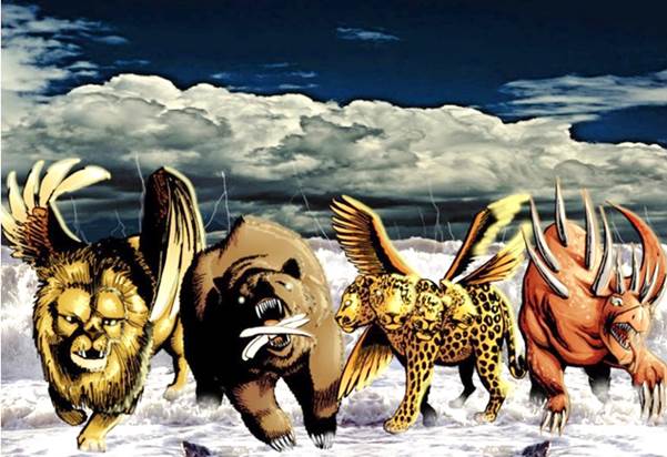 Retrato de una Pintura de las cuatro bestias que Daniel ve subir del mar: un león, un oso, un leopardo, y una bestia descomunal con siete cabezas y diez cuernos.