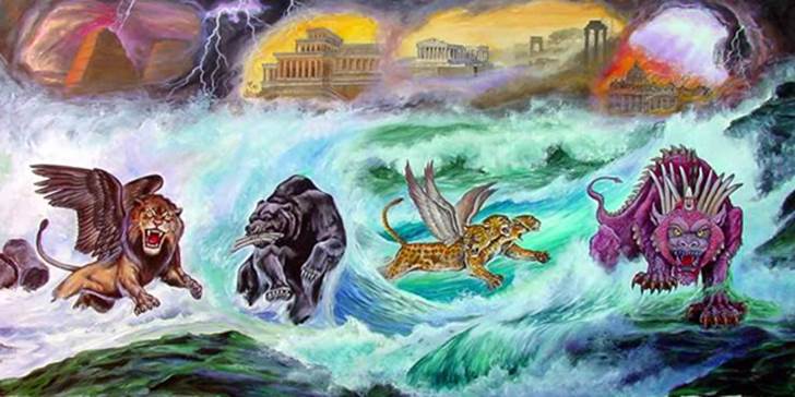 Retrato de una pintura por Joe Maniscalco de cuatro bestias que suben de un mar agitado por cuatro vientos, representación artística de la visión de Daniel.