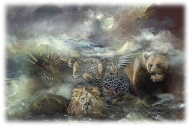 Retrato de una pintura abstracta de las cuatro bestias vistas por Daniel en visión que suben de un mar agitado fuertemente por cuatro vientos.