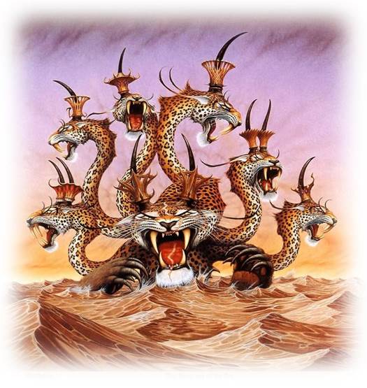 Pintura de una bestia que sube del mar y que tiene siete cabezas con coronas y un total de diez cuernos. 