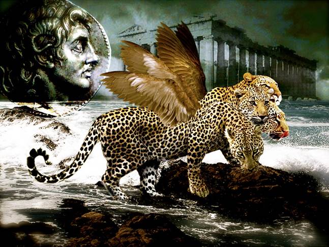 En esta pintura, se destaca un leopardo con cuatro cabezas y cuatro alas, que sale del mar y en la parte superior del cuadro un busto de Alejandro el Magno, más la imagen de un gran templo griego.