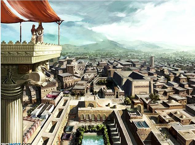 Una representación artística panorámica de la gran ciudad de Babilonia en el tiempo del rey Nabucodonosor.