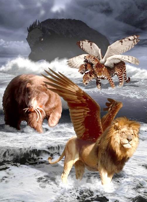 Pintura que representa a las cuatro bestias visitas por Daniel en vio en visión: un león con alas de águila, un oso con tres costillas entre los dientes, un leopardo con cuatro cabezas, y la cuarta muy diferente, espantosa y terrible.