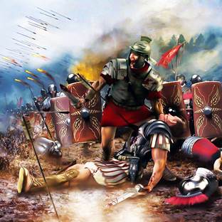 Pintura en colores vívidos de soldados romanos en plena batalla, imagen para el tema Su herida mortal fue sanada del Comentario sobre Apocalipsis por Homero D. Shappley.