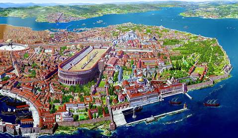Fotografía de un modelo detallado del sector principal de la ciudad de Constantinopla según se proyecta su crecimiento más o menos para el séptimo siglo de la Era Común.