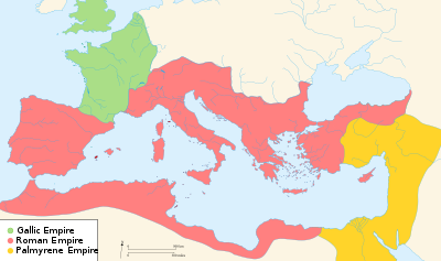 Mapa del Imperio Romano para el año 268 EC que muestra las tres divisiones de territorio creadas por competidores para el trono del Imperio: Imperio Gálico, Imperio Palmyrene y el Imperio Romano propio entre los dos.