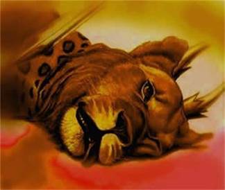 Una pintura artística de la cabeza herida de un león echado en el suelo con manchas de sangre alrededor, ilustración para el tema Sanada la herida fatal que recibió la Sexta Cabeza de la Primera Bestia.