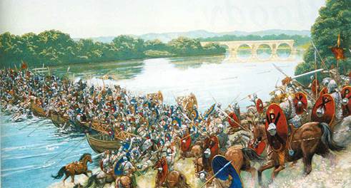 Pintura de la Batalla del Puente Milvio, cerca de Roma, donde Constantino el Grande derrotó a su opositor Majencio, procediendo a unificar al Imperio Romano.