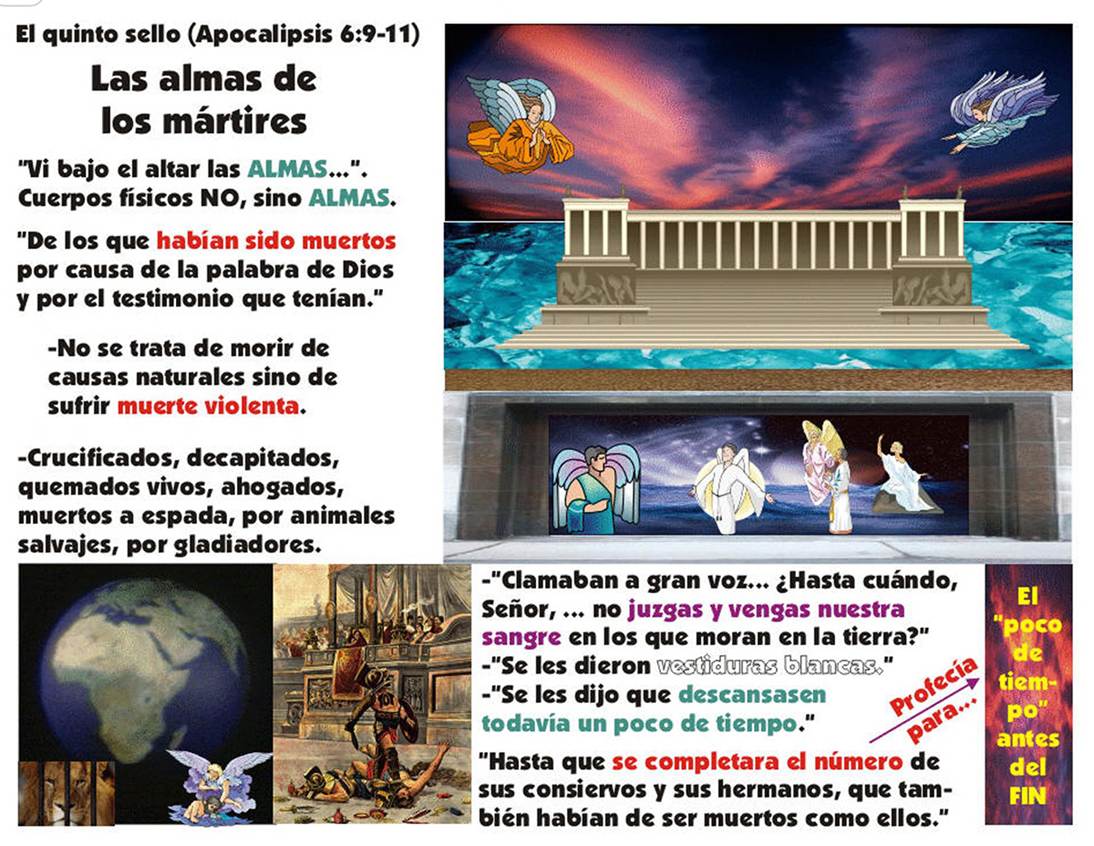 Una fotografía de una diapositiva PowerPoint con imágenes del altar de Dios en el cielo y bajo el altar las almas glorificadas de cuatro mártires y, también, de un gladiador con sus víctimas.