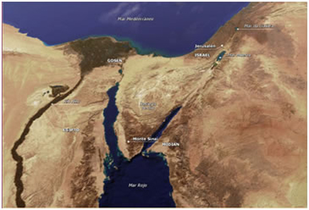 En este mapa, la ubicación tradicional del monte de Sianí se indica en el sur extremo de la península de Sinaí. 