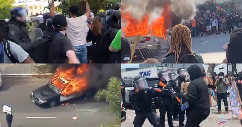 Collaje de fotografías que enfocan las manifestaciones sociales violentas ocurridas en 2020 en USA, ilustración para la Quinta Trompeta de Apocalipsis.