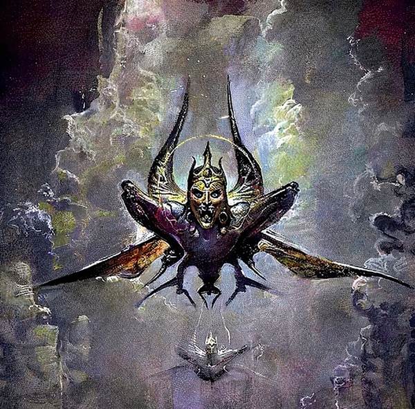 Esta pintura representa a las langostas de la Quinta Trompeta de Apocalipsis en vuelo de ataque para atormentar a las personas sin el sello de Dios en su frente.