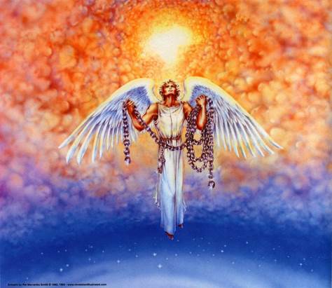 Pintura que representa al ángel que baja al abismo para amarrar allá a Satanás por mil años, ilustración para el estudio de la Quinta Trompeta de Apocalipsis.