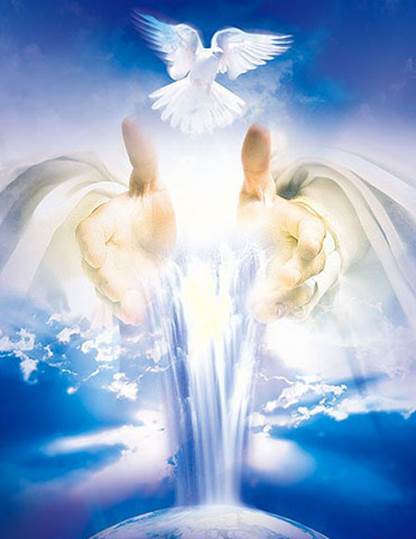 Imagen celestial de una paloma blanca encima de manos abiertas entre las cuales una voluminosa luz blanca como sobre la tierra, ilustración de cómo el Espíritu Santo, uno de los Dos Testigos de Apocalipsis, imparte profecías que alumbran a los seres humanos.