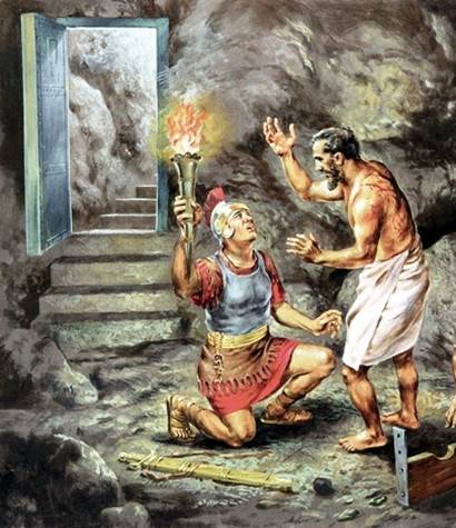 Painting illustrating the Phillippan jailor postrate before the apostle Paul, asking What must I do to be saved.