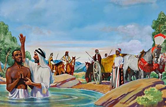 Pintura del tesorero de Etiopía en el acto de ser bautizado por inmersión por el evangelista Felipe, mientras observan varias personas en la orilla del charco.