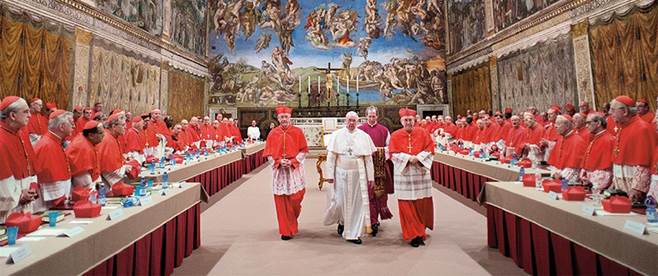 Fotografía del Papa Francisco con gran número de cardenales católicos romanos vestidos de escarlata y blanco, ilustración para el tema El trato de cizaña-herejes en la iglesia.