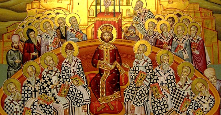 Una pintura artística del emperador romano Constantino el Grande en el acto de presidir el Concilio de Nicea que él convocó, rodeado de obispos vestidos en túnicas con cruces.