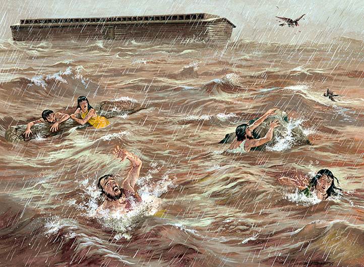 Imagen artística de unos cuantos seres humanos ahogándose en las aguas de gran diluvio del tiempo de Noé las que van subiendo, viéndose sobre las aguas a la distancia el gran arca construido por Noé ya flotando sobre las aguas.