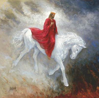 Una pintura artística que representa a Jesucristo vestido de carmesí, con una corona, y sentado sobre un caballo blanco, todo contra un trasfondo de nubes y espacios abstractos.></span>Por cierto, muchísima gente de actualidad no da  importancia alguna a aquella declaración </span><strong><em><span style=
