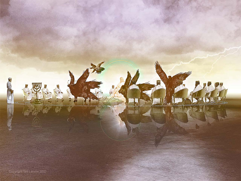 Así visualiza el pintor Ted Larson el escenario de los tronos ubicados sobre el Mar de Vidrio como de Cristal. En el centro, el del Señor Dios Todopoderoso, y alrededor, los veinticuatro tronos que ocupan veinticuatro ancianos, y en medio de ellos los cuatro seres vivientes.