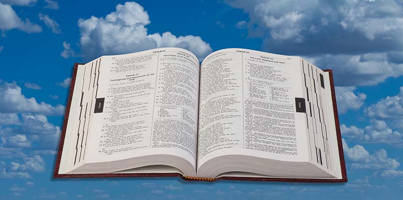 An open Bible against a background of blue skies and white, fluffy clouds illustrates the subject Studies in the Bible and related subjects: Articles, tracts and Bible class guides, plus Slides for PowerPoint and PDF's.